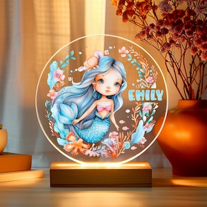 Mermaid Kids Personalized Acrylic Night Light | Perfect Birthday Gift for Girls or Boys Custom Name Handmade Led Kids Bedroom Decor