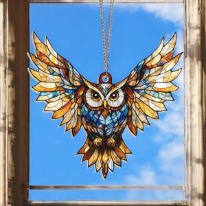 Owl Suncatcher Hanging Sign, Flying Owl Window Hanging, Owl Ornament, Owl Lover Gift, Bird Home Decor, Bird Lover Gift, Housewarming Gifts
