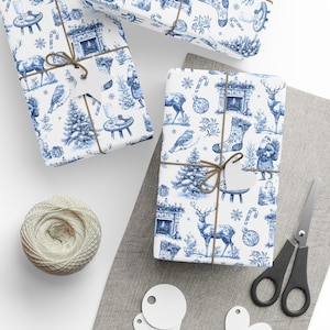 Elegant Christmas Blue Toile Wrapping Paper, Vintage Toile de Jouy Gift Wrap Roll for Xmas, Christmas Wrapping Paper, Christmas Gift Wrap