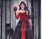 Fantasy gothic queen with black wolf art print by Renee Lavoie whisper in the wild wood.