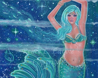 ORIGINAL Gemma blue mermaid  acrylic art fantasy with glitter By Renee L. Lavoie