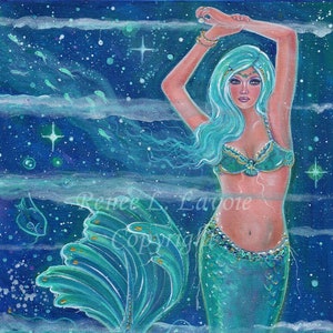 ORIGINAL Gemma blue mermaid  acrylic art fantasy with glitter By Renee L. Lavoie