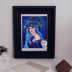 Halloween witch &quot;Charmed&quot; with her barn owl  familiar blue floral   by Renee L. Lavoie