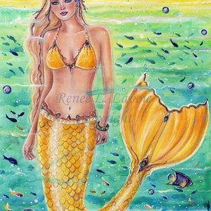 Original yellow mermaid with blonde hair acrylic on canvas  by Renee L. Lavoie