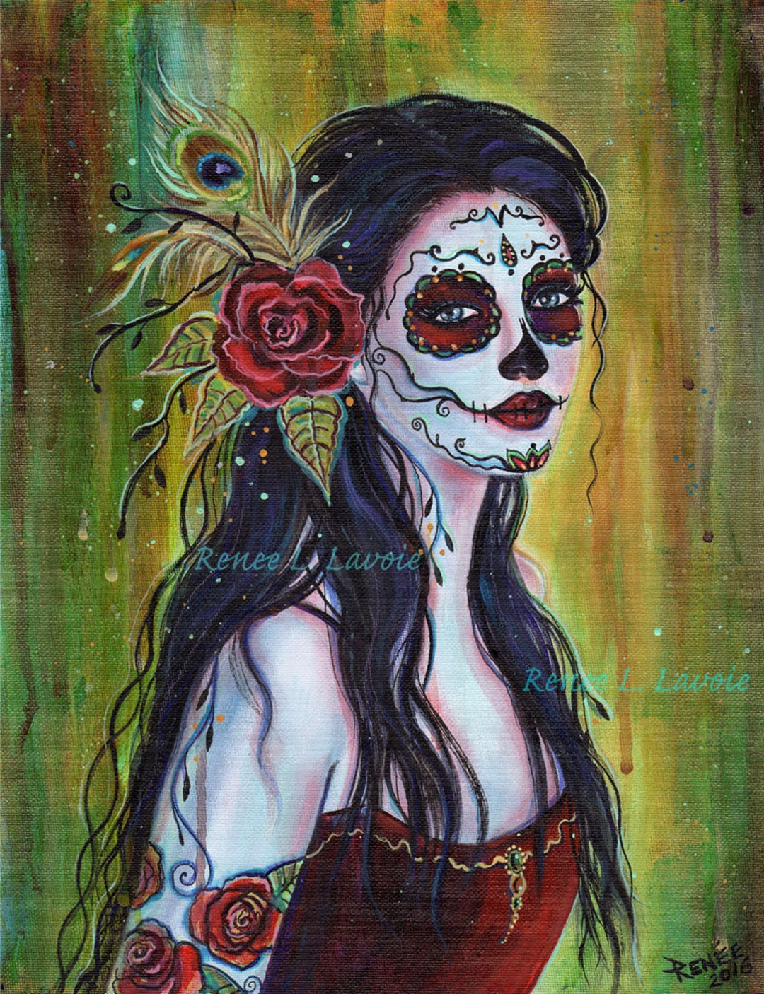 Lila Day of the Dead Red Roses Tattoo Style Trendy Print by - Etsy