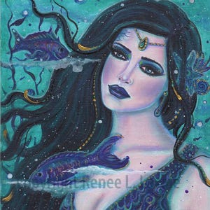 May include: A painting of a woman with long dark hair and a jeweled headpiece. She is surrounded by blue and green water and fish. The painting is done in a whimsical style.