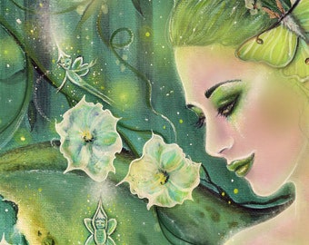 The green fairy with moon flowers print fantasy art by Renee L. Lavoie