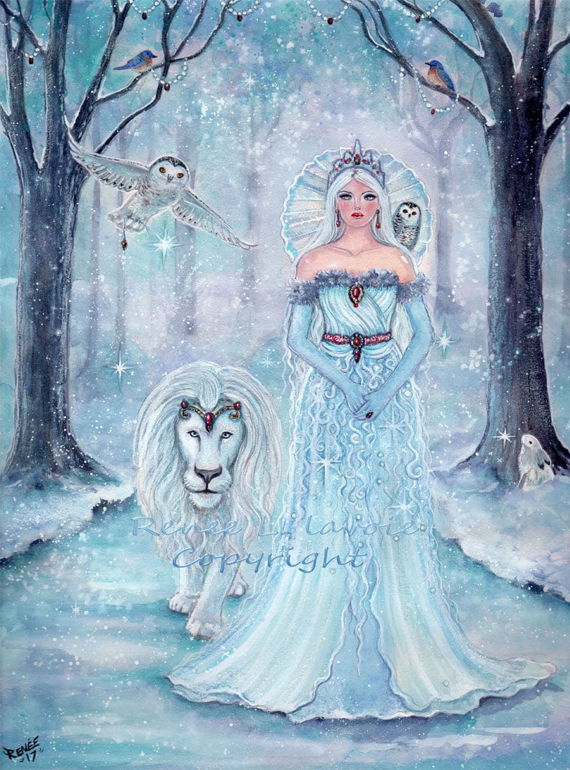 Original winter queen goddess art white lion snowy owl winter wonderland painting  by Renee L. Lavoi