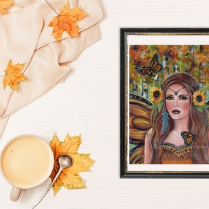 Autumn fairy queen sunflowers monarch butterflies birch tree fantasy art By Renee L. Lavoie