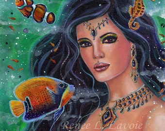 Mermaid Painting: Original Acrylic Canvas Art with Gold Ornate Frame