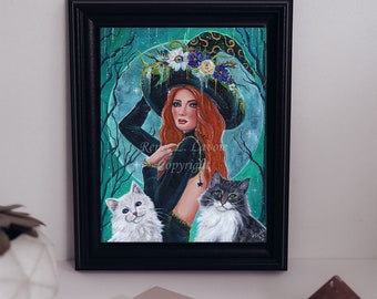 Halloween witch Cassandra with cat familiars and full moon  by Renee L. Lavoie