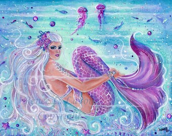 Mermaid fun beneath the waves pink original art  by Renee L. Lavoie