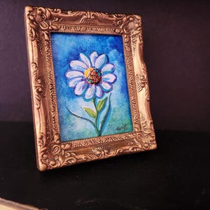 Framed mini Daisy flower original painting by Renee L. Lavoie ornate gold frame