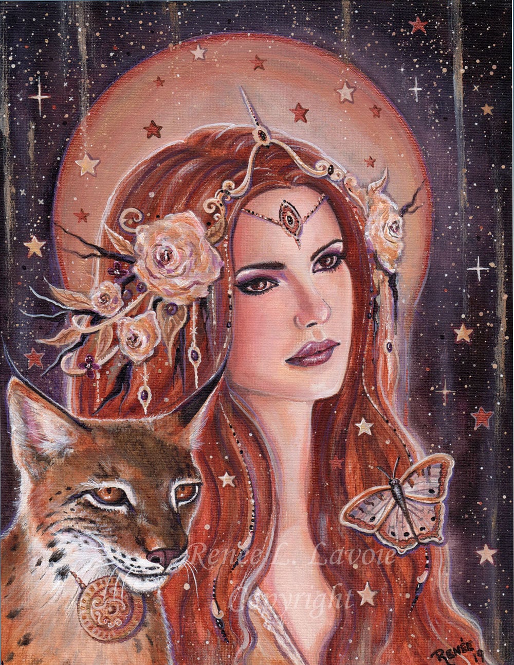 Mythology goddess Freya with lynx and butterfly fantasy art | Etsy