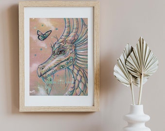 Drago's butterfly  Dragon and butterfly fantasy art print by Renee L. Lavoie