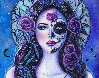 DAY OF THE Dead aceo  print blue pink butterfly  By Renee Lavoie