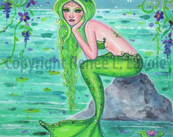 Original mermaid painting "Little Miss Mermie" green fantasy art  MRMD  By Renee L. Lavoie