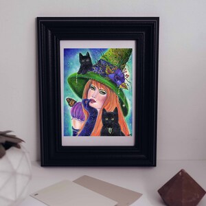 Griselda Halloween witch art with cute black cats fantasy  print by Renee L. Lavoie