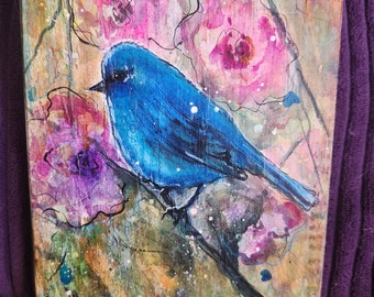 Blue bird painting on rustic pallet wood art  by Renee L. Lavoie