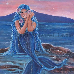 Mermaid print ocean beach sunset fantasy art  By Renee L. Lavoie