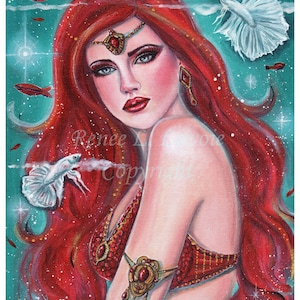 Original Ruby birthstone series mermaid with white betta fish painting fantasy art by Renee L. Lavoie