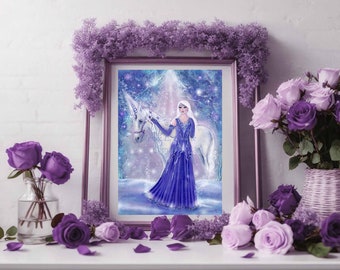 unicorn art with purple wisteria  fairy girl print fantasy art  by Renee L. Lavoie