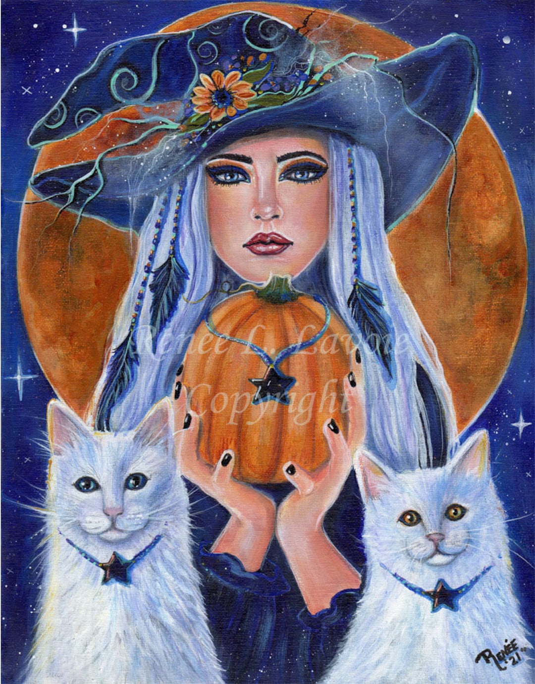 Halloween Witch Pumpkin White Cats Harvest Moon Fantasy Art by Renee L ...