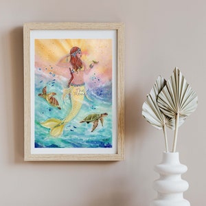 Sunshine Mermaid with sea turtles fantasy ocean print by Renee L. Lavoie image 1