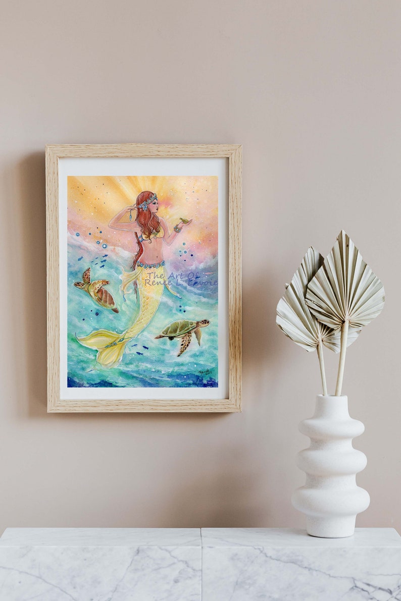 Sunshine Mermaid with sea turtles fantasy ocean print by Renee L. Lavoie image 1