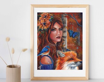 Rhiannon Celtic goddess with bird, fox  and butterfly fantasy art portrait  by Renee L. Lavoie