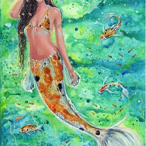 Original koi mermaid with koi fish abstract water 12 x 16 acrylic on canvas by Renee L. Lavoie image 1