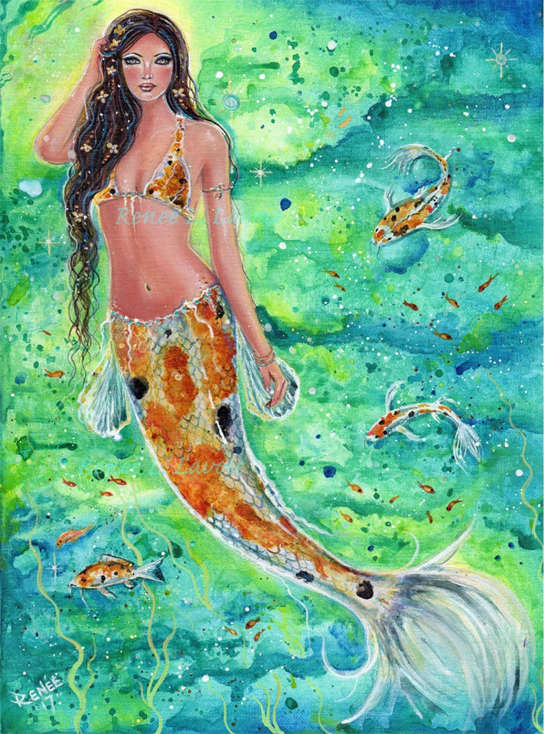 Original koi mermaid with koi fish abstract water 12 x 16 acrylic on canvas by Renee L. Lavoie image 1