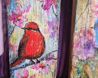 Vermillion bird painting on rustic pallet wood art  by Renee L. Lavoie
