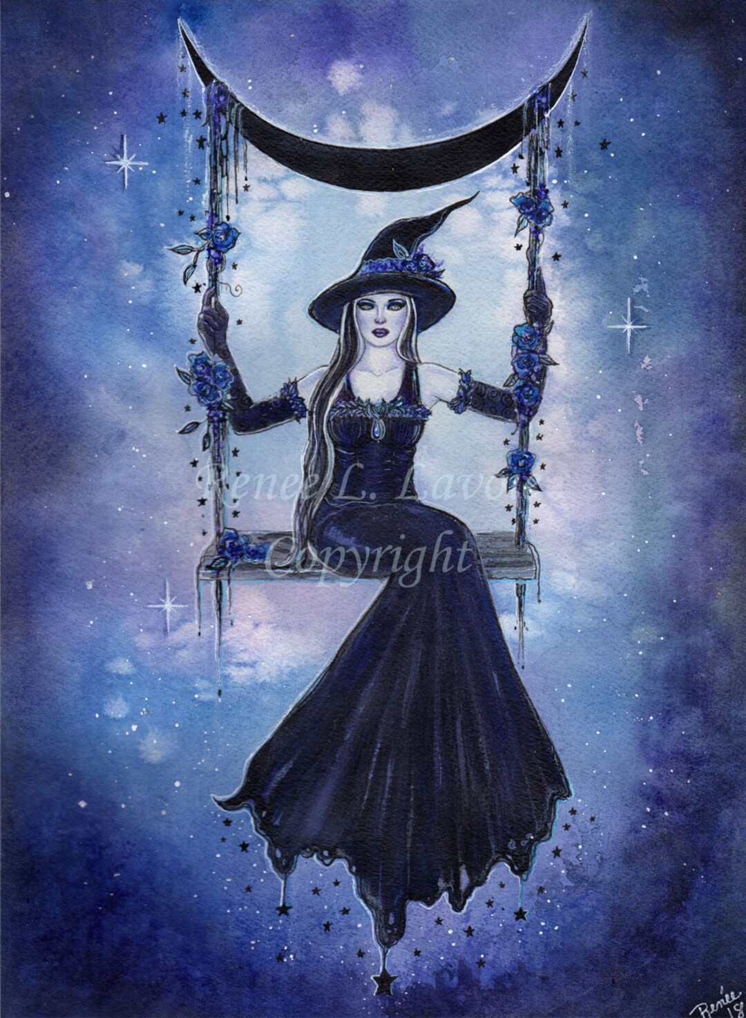 Fantasy Art Witch Print Moon Dark Roses Dark Witch Whimsical Art by ...