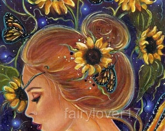 Girasol hada otoño mariposas aceo estampado Por Renee L. Lavoie