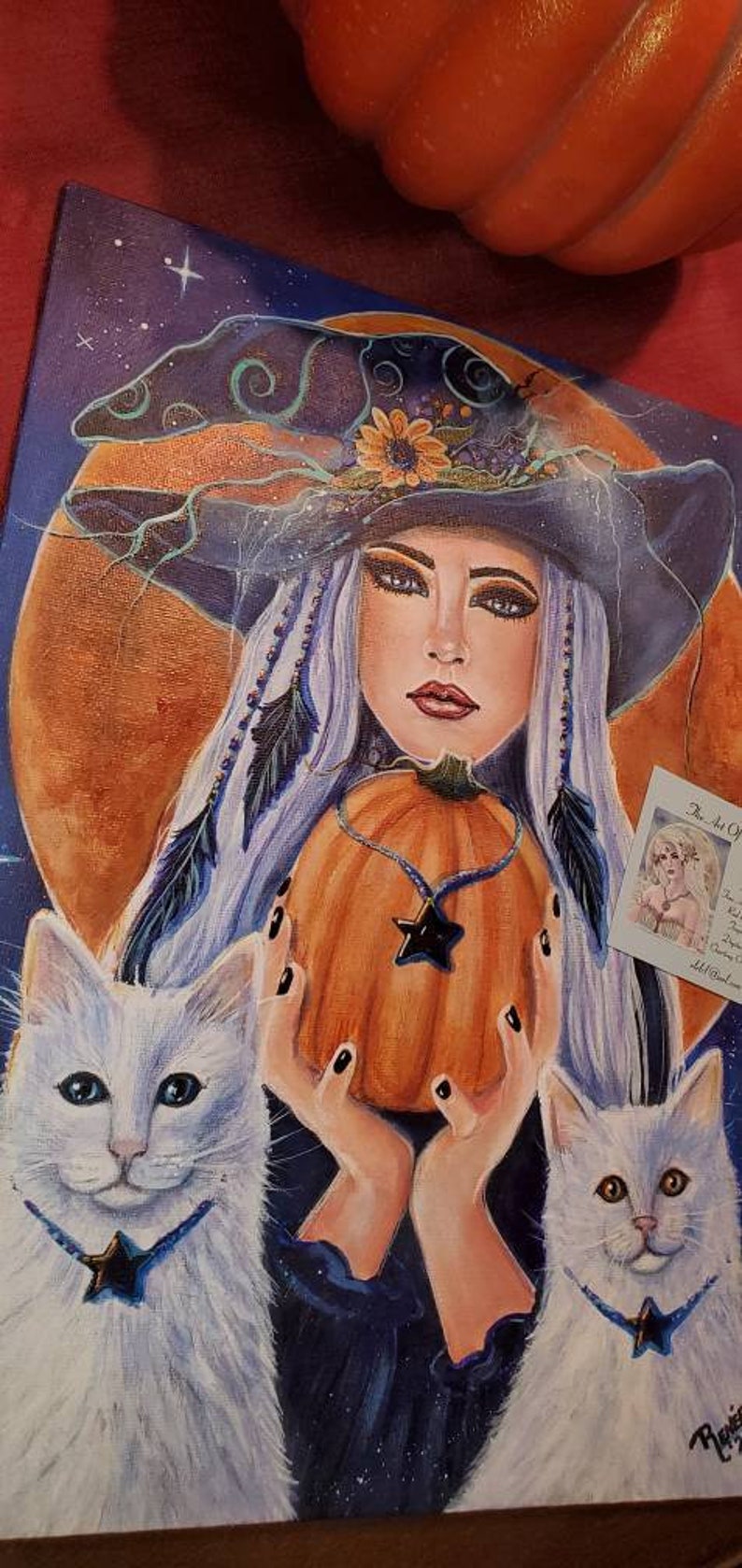 Halloween Witch Pumpkin White Cats Harvest Moon Fantasy Art by Renee L ...