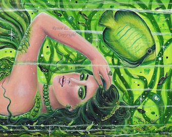 Emerald Mermaid: Green Tropical Fish Acrylic Painting on Canvas (11x14)