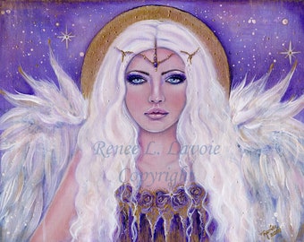 ORIGINAL Angel purple and gold fantasy painting portrait By Renee L. Lavoie