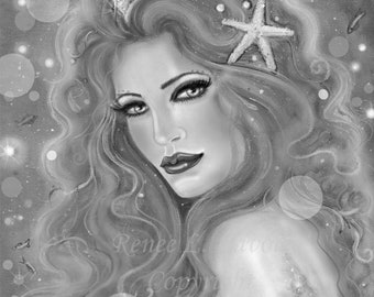 Mermaid fire and Ice gray scale coloring page  art by Renee L Lavoie instant download
