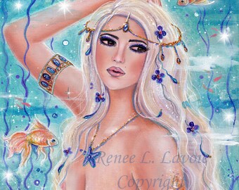 open edition aceo trading card print fantasy topless sexy mermaid with fancy goldfish 2.5x3.5 inches by renee