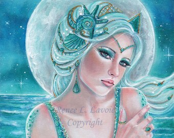 Luna moon goddess mermaid  full moon ocean fantasy ACEO print 2.5x3.5 inches  by Renee L. Lavoie