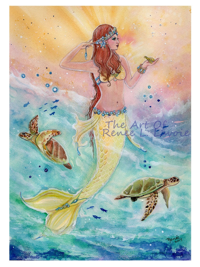 Sunshine Mermaid with sea turtles fantasy ocean print by Renee L. Lavoie image 2