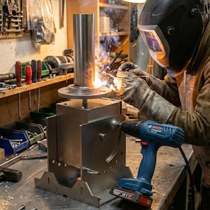 Könnte beinhalten: Ein Schweißer schweißt einen Metallzylinder an eine Metallbasis in einer Werkstatt. Der Schweißer trägt einen Schutzhelm und Handschuhe. Ein blau-schwarzer Bosch 18V-Bohrer ist zu sehen. Die Werkstatt hat Werkzeuge und Geräte auf Regalen.