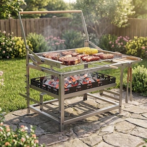 Może przedstawiać: Grill ze stali nierdzewnej z drewnianym uchwytem, grillujący steki i kolby kukurydzy. Grill ma dolny ruszt z płonącym węglem drzewnym. Scena rozgrywa się w ogrodzie z bujną zielenią i kamiennym patio.
