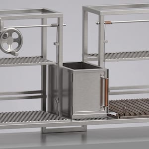 May include: A stainless steel Argentine-style grill featuring two adjustable cooking grates with hand-crank mechanisms, a central firebox with a handle, and a lower slatted shelf. The unit includes a small American flag icon and the text Dimension in inches.