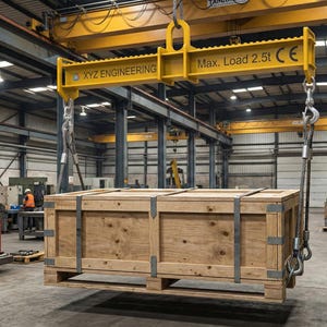 Op de afbeelding: Een grote houten kist, vastgezet met metalen banden, wordt opgetild door een gele bovenloopkraan in een magazijn. De kraan heeft de tekst "XYZ ENGINEERING" en "Max. Load 2.5t" erop. Er zijn arbeiders zichtbaar op de achtergrond.