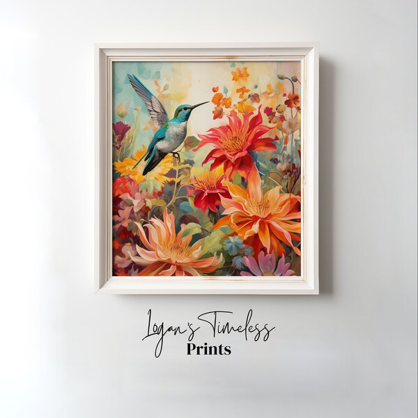 Dahlias and Quetzals Digital Art Print - Vibrant Hummingbird & Floral Paradise Wall Decor for Cinco De Mayo