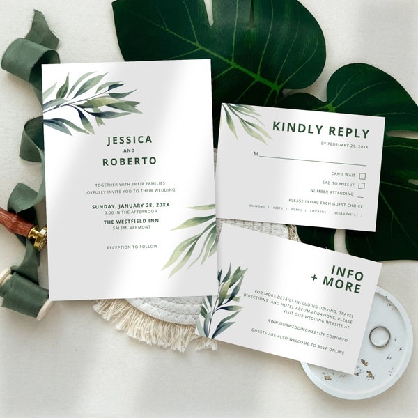 Botanical Wedding Invitation Template, Simple Leafy Wedding Invitation, Minimalist Garden Wedding Invites Idea