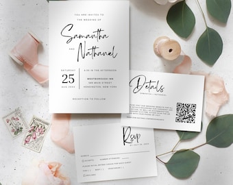 Diseño creativo en blanco y negro para invitaciones de boda, suite de invitación de boda minimalista, invitación de boda imprimible con imagen perfecta