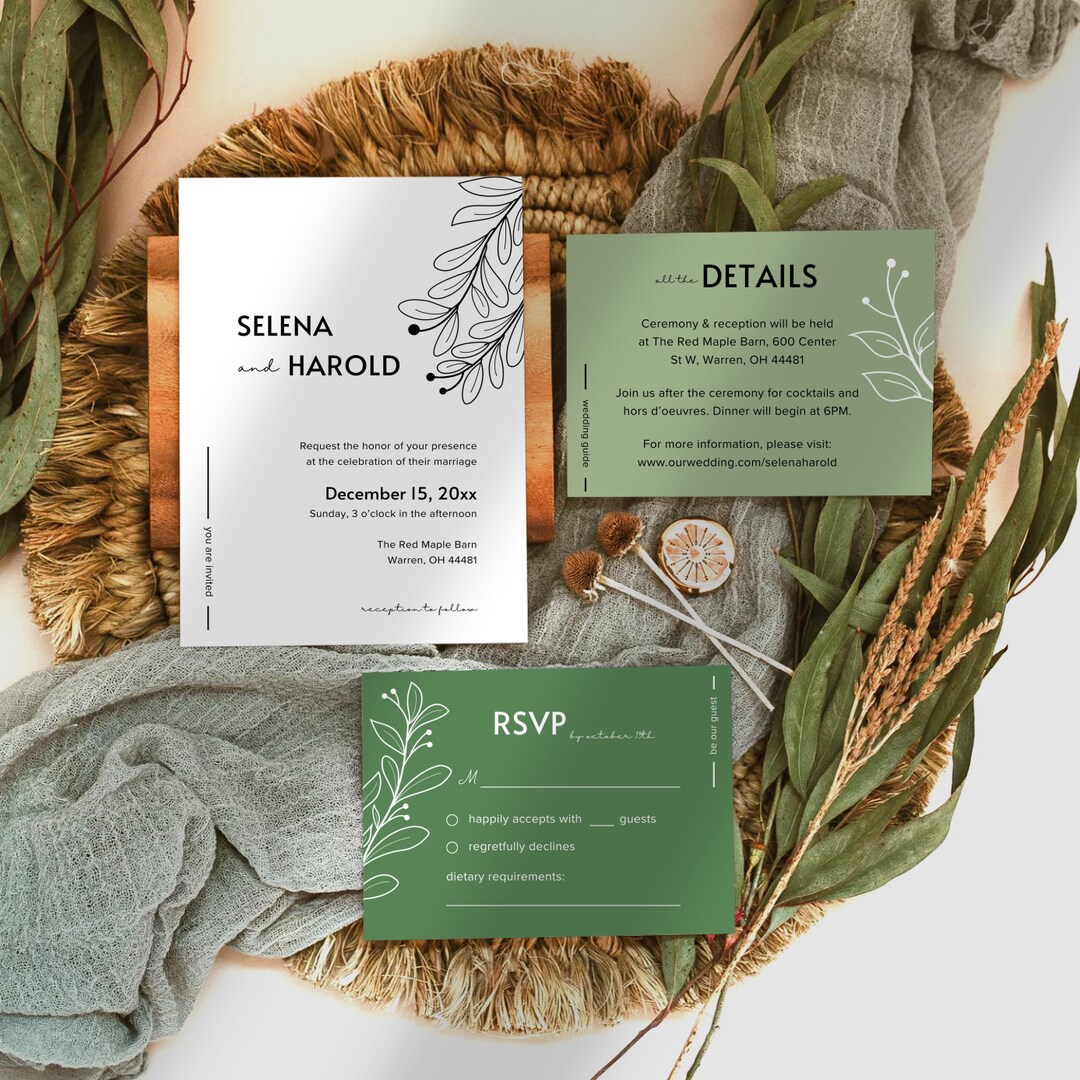 Customizable Sage Wedding Invitation Template With Leaves, Minimalist ...
